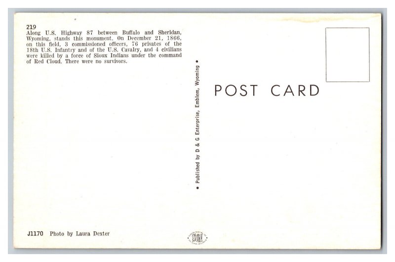 Vintage Postcard WY U. S. Hwy 87 Monument 18th U. S. Infantry U. S. Cavalry 