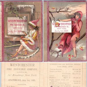 x2 SET 1881 Westchester, NY Fire Insurance Folding Trade Cards Statement RARE 2D