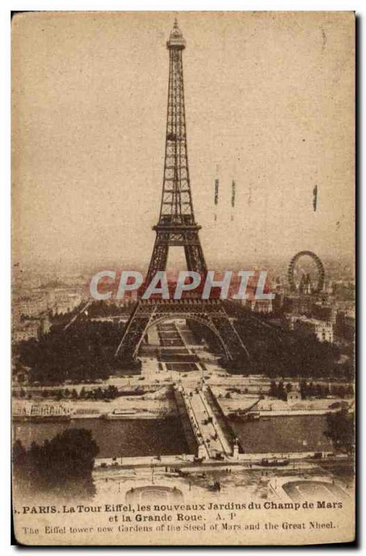 Old Postcard Paris Eiffel Tower The New Gardens Champ de Mars and the big wheel