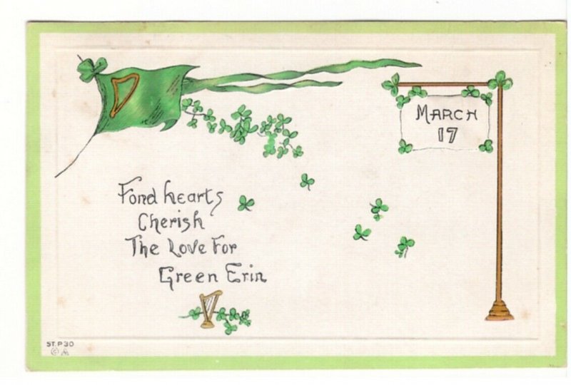 Green Harp Flag, Green Erin, Clover, Antique E. Nash St Patrick's Day Postcard