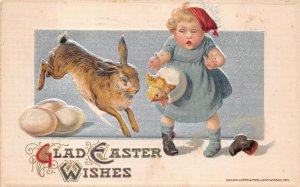 HAPPY EASTER HOLIDAY CHILD RABBIT CHICKS FREIXAS WINSCH POSTCARD 1912