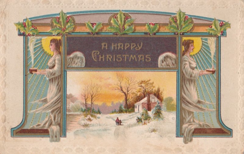 VINTAGE EARLY 1900'S A HAPPY CHRISTMAS POSTCARD - ANGELS