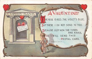 VALENTINE HOLIDAY CUPIDS BANK EMBOSSED SIGNED CAROLYN WELLLS POSTCARD 1909