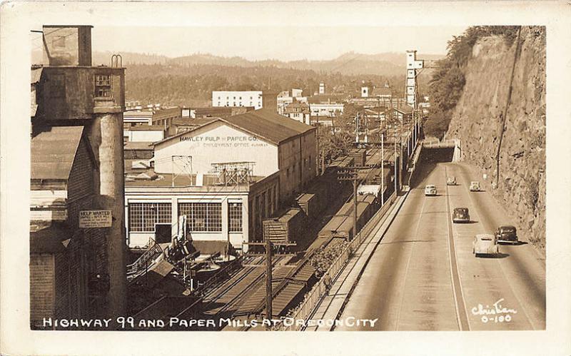 Oregon City OR Paper Mills Highway 99 Old Cars RPPC Postcard