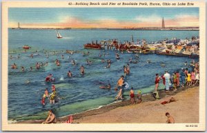 Huron Ohio OH, Bathing Beach, Pier at Roadside Park, Lake Erie, Vintage Postcard