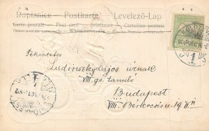 B581 Antique classic embossed Krampus devil creating chaos automobile scene 1900