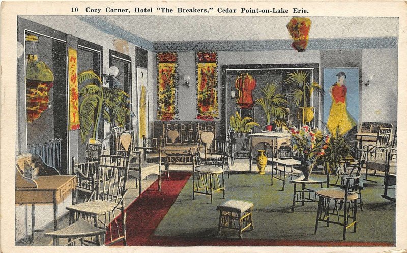 Cozy Corner Interior The Breakers Hotel Cedar Point Ohio 1929 postcard