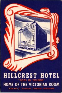 1940s Toledo, Ohio Postcard HILLCREST HOTEL Home of the Victorian Room JA33