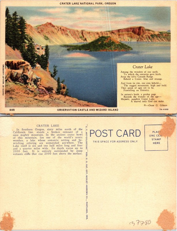 Crater Lake Ntl park OR Observation Castle Poem Postcard Unused (37780)