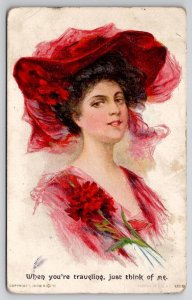 Glamour Girl Red Large Hat Flowers Think of Me When Traveling Postcard E30