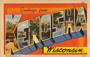 Linen Era Large Letter Kenosha, Wisconsin, WI,  Msg, Old Postcard