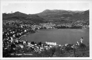 VTG Lugano Panorama Lake Village Town Birds Eye View Switzerland RPPC Postcard