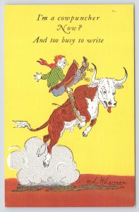 Western~Im A Cowpuncher Now~Man Riding Bucking Bull~Rodeo~LH Larsen~Vintage PC