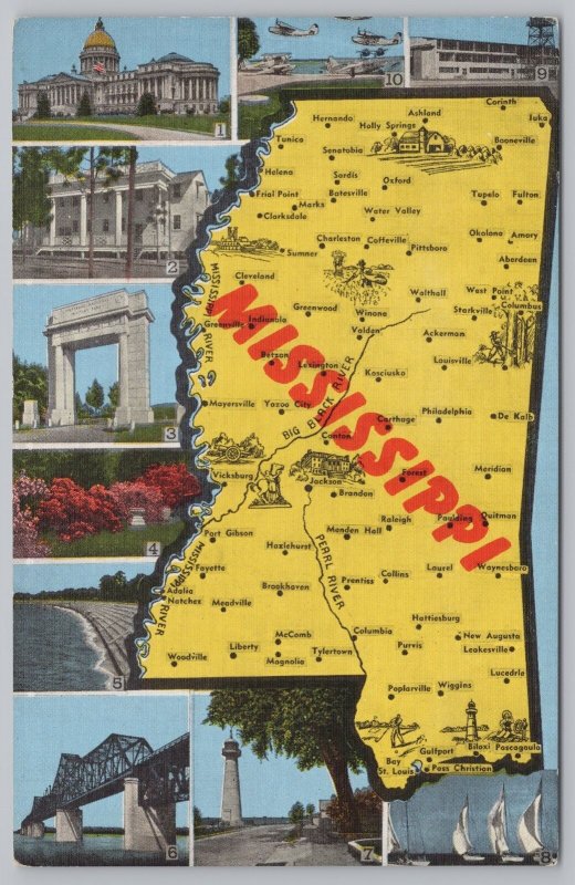 Linen~Mississippi Map~Camp Shelby~Vicksburg Military Park~Vintage Postcard