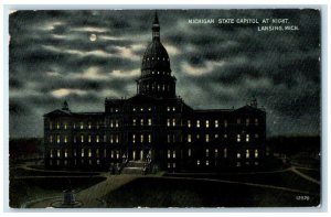 c1910's Michigan State Capitol Night Moon Exterior Lansing Michigan MI Postcard