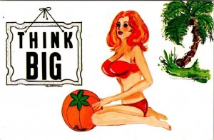Florida Risque Comic THINK BIG Busty Redhead~Red Bikini BATHING BEAUTY Postcard