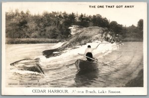 CANADA CEDAR HARBOUR LAKE SIMCOE EXAGGERATED VINTAGE REAL PHOTO POSTCARD RPPC