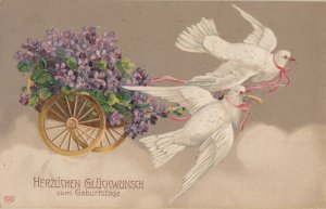 New Year 1910 greetings fantasy postcard embossed white doves lilac carriage