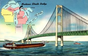 Michigan Freighter Going Under The Mackinac Straits Bridge With Map 1958