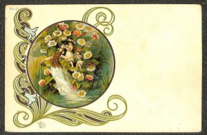 BEAUTIFUL WOMAN & CHILDREN IN THE FLOWERS ART NOUVEAU POSTCARD (c. 1900)