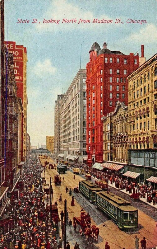 CHICAGO IL~STATE STREET LOOKING NORTH FROM MADISON ST~1910s POSTCARD