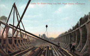CRADLE FOR OCEAN GOING LOG RAFT PUGET SOUND WASHINGTON LOGGING POSTCARD (c.1910)