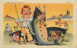 1940s Here's Where Fish are fish exaggeration Teich C-86 Postcard 22-11168