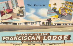 FRANCISCAN LODGE MOTEL GRANTS NEW MEXICO HIGHWAY 66 AD POSTCARD (1940s)