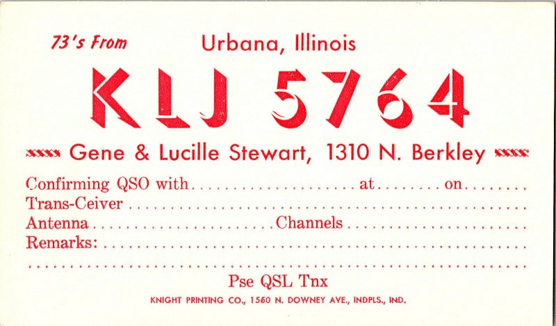 QSL Radio Card From Urbana Illinois KLJ 5764