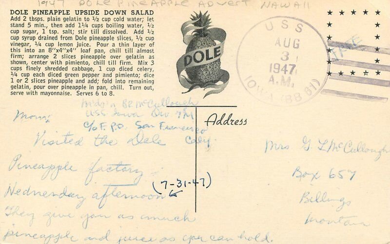 Hawaii Dole Pineapple Upside Down Salad 1947 Postcard Interior 22-8222