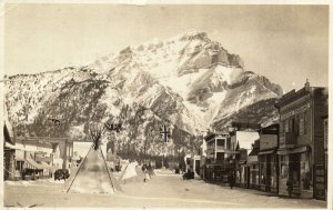 canada, BANFF, Alberta, Avenue with Tipi, British Flag (1920s) RPPC Postcard