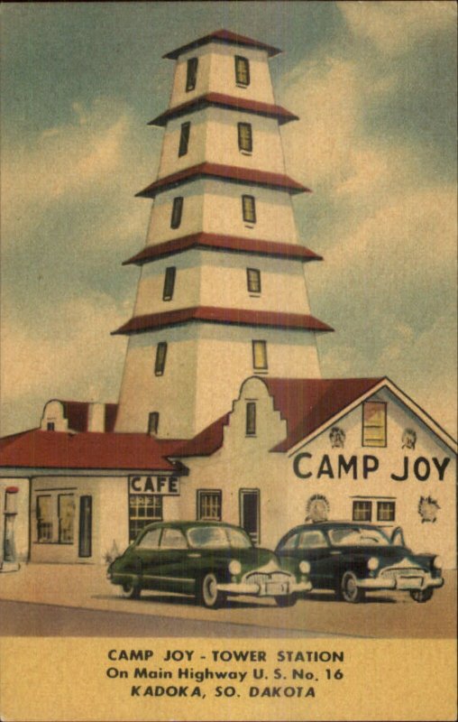 Linen Roadside Camp Joy Tower Station Old Cars Kadoka SD Linen Postcard