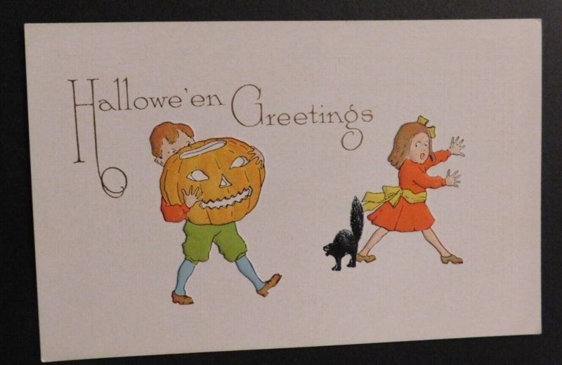 Mint Halloween Postcard Greetings Pumpkin Boy Black Cat Chasing Girl