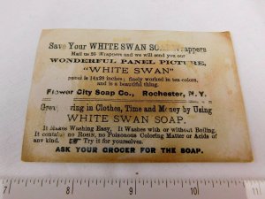 1870's-80's Lovely Victorian Lady White Swan Soap Flower City Co Trade Card F47