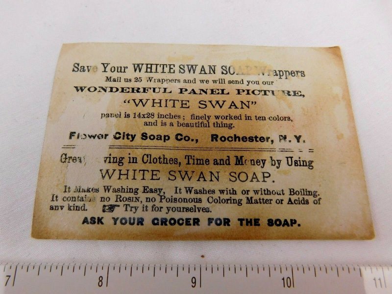 1870's-80's Lovely Victorian Lady White Swan Soap Flower City Co Trade Card F47