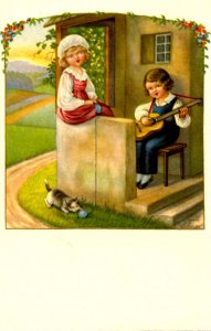 Boy and Girl, Cat, Guitar  (No. 2485)  Artist: Pauli Ebner