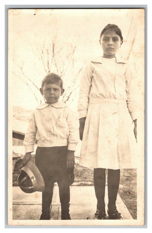 RPPC Girl And Boy Holding Hat Vintage Standard View Card