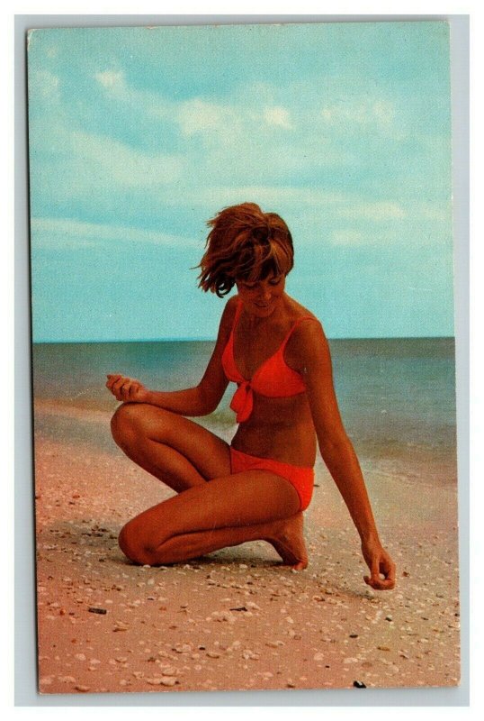 Vintage 1980's Postcard Bikini Girl on the Beach Sea Shells Hollywood Florida