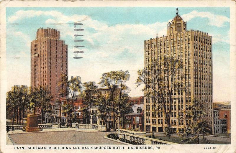 Harrisburg Pennsylvania~Payne Shoemaker Building & Harrisburger Hotel~Statue~'35
