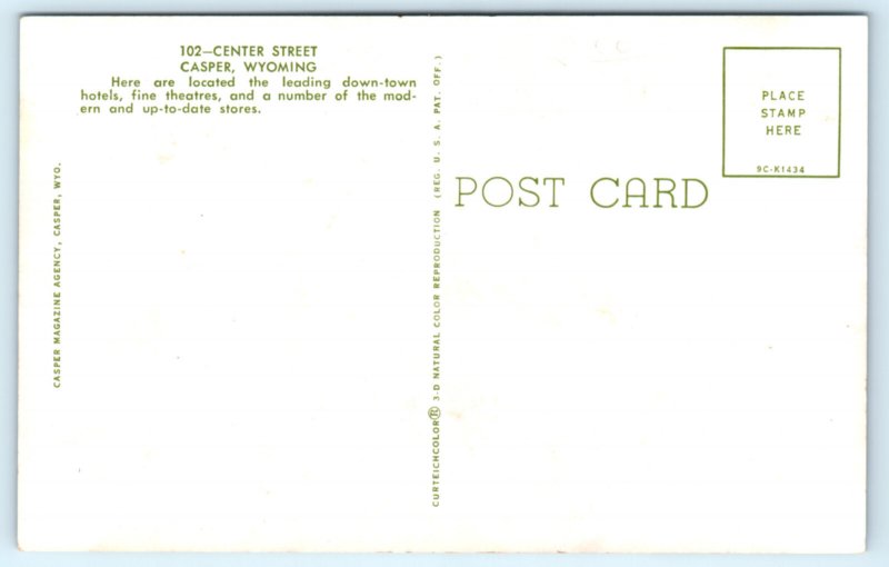 Casper Wyoming  WY Center Street Postcard