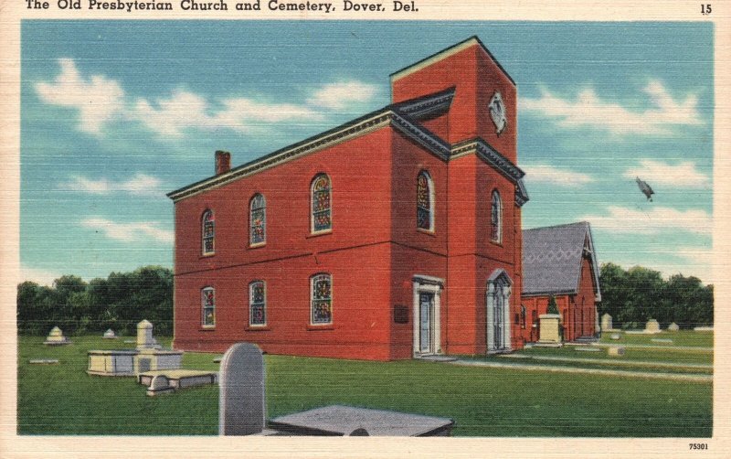 Vintage Postcard 1951 Old Presbyterian Church In Cemetery Dover Delaware Del Mar