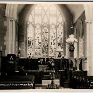 c1930s Isleham England RPPC Church Jesus Christ Stained Glass Windows Altar A363