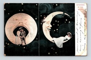 Postcard Face Crescent Moon Romantic Couple Spooning In The Moon c1907 #2 AN7