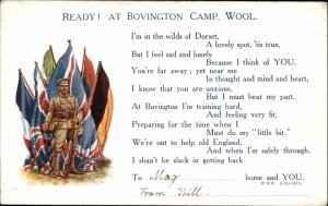 WWI BOVINGTON CAMP WOOL DORSET Allied Flags Soldier w Rifle Postcard