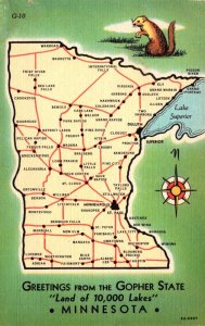 Minnesota Greetings With Map From The Land Of 10,000 Lakes Curteich