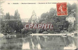 Old Postcard Paris Buttes Chaumont Rock and Suspension Bridge