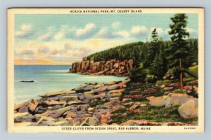 Mt. Desert Island ME-Maine Otter Cliffs, Acadia Nat'l Park, Linen c1940 Postcard