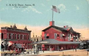 CB&Q DEPOT Burlington Railroad Station, Aurora, Illinois Train 1915 Postcard