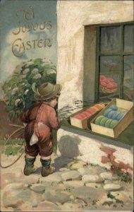 Easter Little Boy Eyes Colorful Easter Eggs c1910 Vintage Postcard