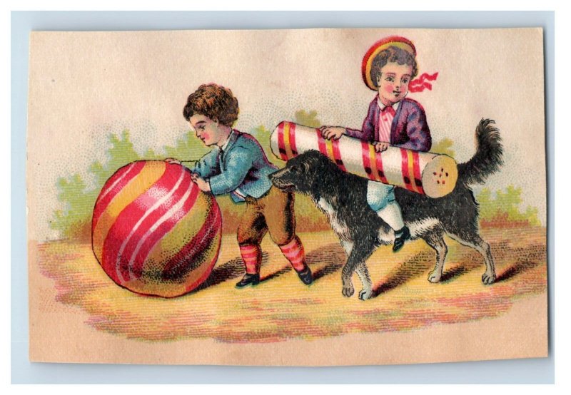 1880s Victorian Trade Card Fantasy Children Giant Candy & Cute Dog F107